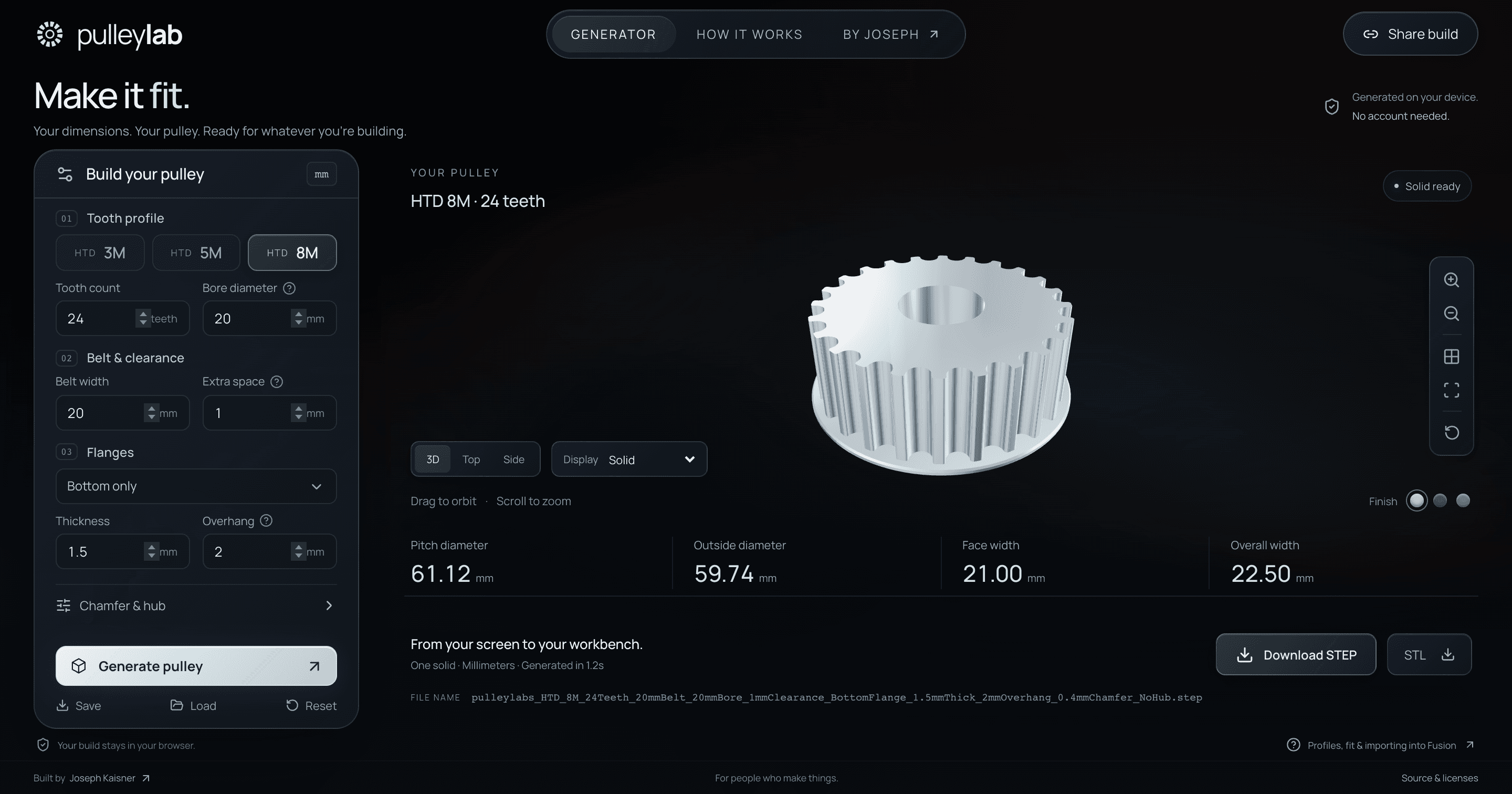 PulleyLab generating a 24-tooth HTD 8M pulley with a 20 mm bore, a 3D preview, and a STEP download.